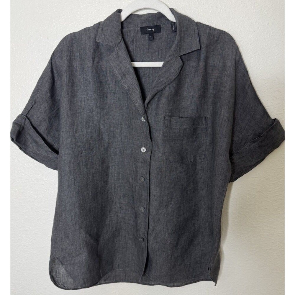 Theory Women’s Hemp Button Down Short Sleeve Shirt Size S